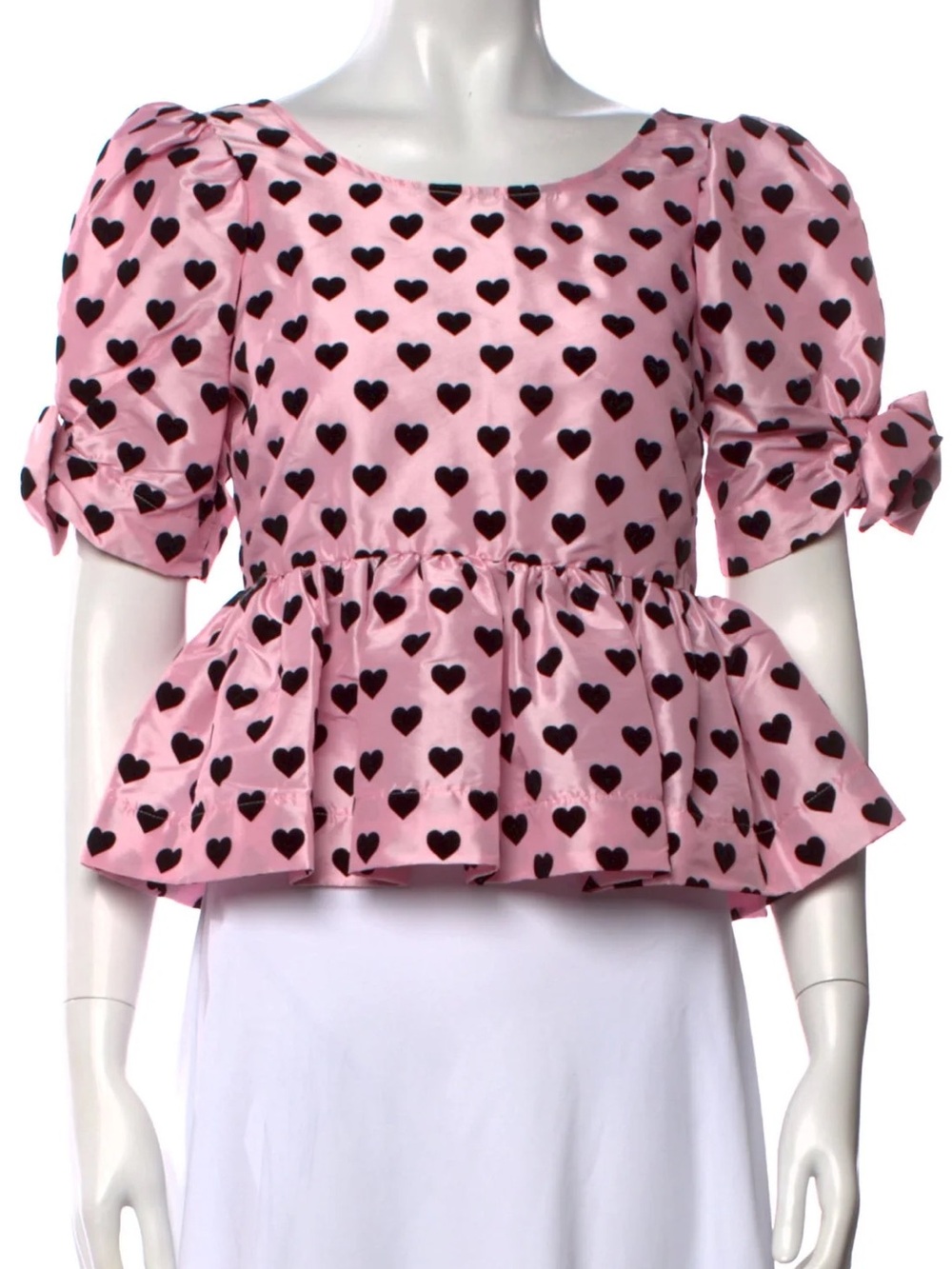 LOVESHACKFANCY Pink Taffeta & Black Velvet Heart Peplum Top Puff Sleeve Blouse